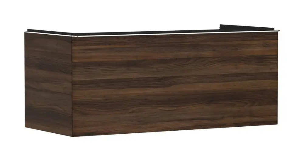 Waschtischunterschrank aus Holz in dunkler Nussbaumfarbe, ausgeführt mit einer glatten Oberfläche und einem Schublade. Design von Hansgrohe.